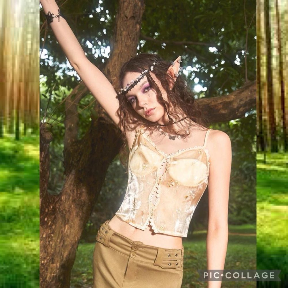HP 🏆Fairycore Boho Apricot Floral Button Down Cami Top